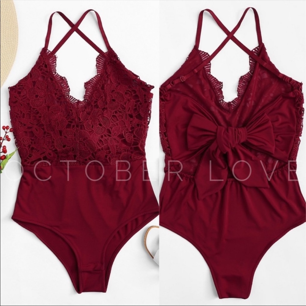 Maroon Lace Crochet Bodysuit